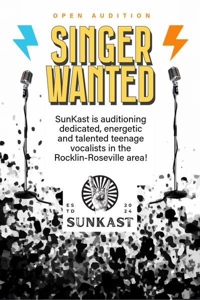 Flier advertising open auditions for a lead singer. Send an email to info@sunkast.rocks if interested.